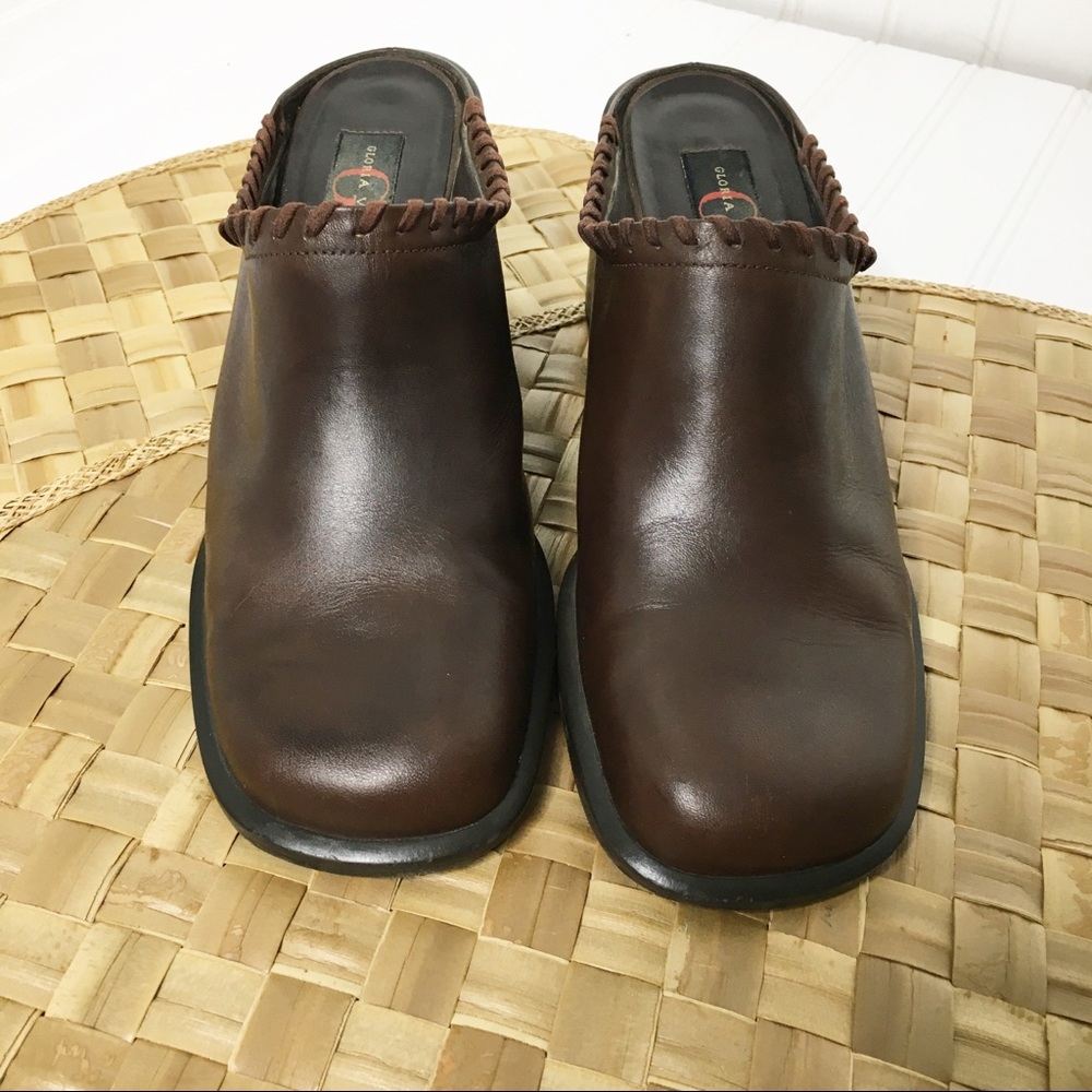 Leather Whip Stitch Block Heel Mules Size 7